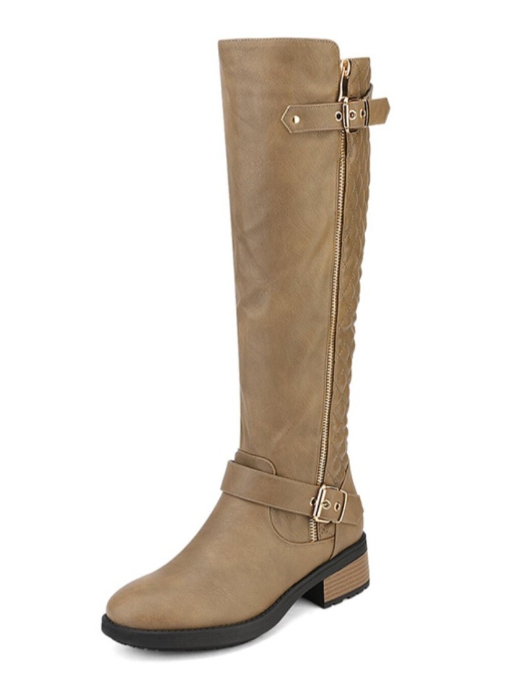 Amazon Taupe Knee-High Moto Boots with Buckle and Zipper